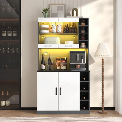 Merax Küchenbuffet Küchenschrank mit LED und höhenverstellbaren Ablagefächern