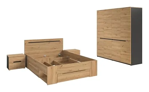 xonox.home Schlafzimmer-Set 4tlg. inkl. Bett 140x200, Nachtkommoden & Kleiderschrank - Modernes Schlafzimmer-Set in Basalt grau mit 2 Nachtkommoden, Bett und 4-türigem Kleiderschrank. Robuste, pflegeleichte Oberflächen und einfache Montage sorgen für eine stilvolle und funktionale Raumgestaltung.