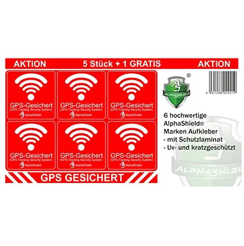 AlphaShield 6 Stück GPS Aufkleber Innen- oder Außenklebend Fahrrad Motorrad Baumaschinen Auto LKW Alarm Warnung Anti-Diebstahl Sticker Tracker gesichert R048 (Außenklebend)