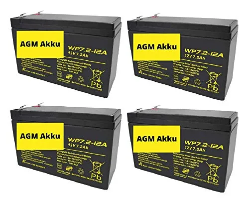 4X AGM 12V 7,2Ah Bleiakku WP7.2-12 VDs Akku, Faston 6,3mm kompatibel Bleigel Gel Akku 7Ah 8Ah 9Ah USV