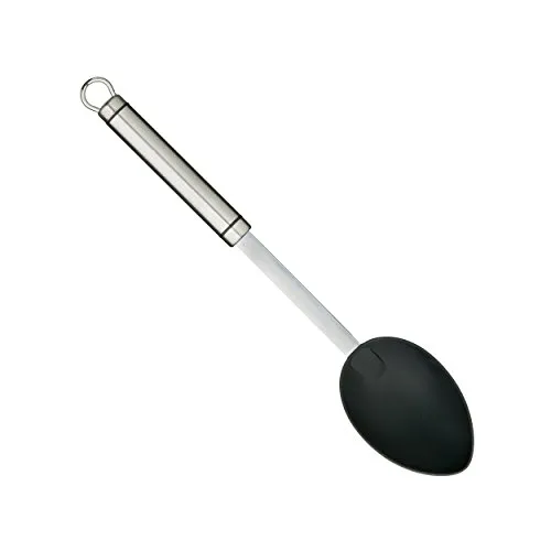 KitchenCraft Professioneller Kochlöffel mit Antihaftbeschichteten Nylonkopf, Edelstahl, 34 cm, Silber/Schwarz
