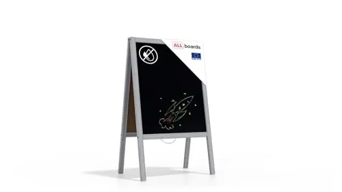 ALLboards Kundenstopper mit Silber, lackiertem Holzrahmen 100x60cm - Kreidetafel für Gastronomie und Geschäfte, mit kratzfester, beidseitig beschreibbarer Fläche und leichtem Naturholzrahmen – ideal für kreative Werbung.