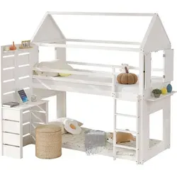 Etagenbett, Hausbett, Kinderbett mit Fallschutz und Gitter, mit Tisch, Offenes Regal, zwei Fenster, Reichlich Stauraum, Kiefer+MDF