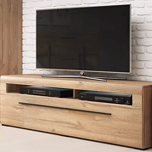 TV Lowboard 140 cm Eiche Grandson Nb. mit LED Beleuchtung - Moderner TV Schrank mit 2 offenen Fächern, LED-Beleuchtung und Kabeldurchlass für eine aufgeräumte Optik. Ideal für Ihr Wohnzimmer.