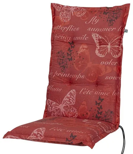 KETTtex Hochlehnerauflage Bali 2386 - Rot mit Schmetterlingen - Gartenstuhlauflage von KETTtex für Hochlehner, 100% Baumwolle, mit verstellbarem Halteband und Bindebändern für optimalen Halt. Maße: 120x49x8 cm, ideal für gemütliche Stunden im Garten.
