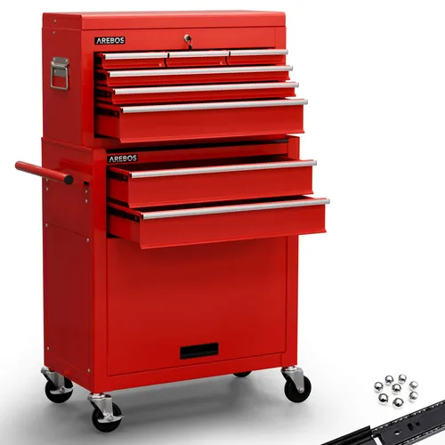 Arebos Werkstattwagen 9 Fächer - Mobil, abschließbar & kugelgelagert - Werkzeugkästen mit 9 Fächern, inklusive mobil herausnehmbarem Kofferaufsatz und kugelgelagerten Schubladen für müheloses Öffnen und Schließen.