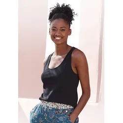 Pyjamaoberteil LASCANA, Damen, Gr. 40/42, schwarz, Rippstrick, Obermaterial: 63% Polyester, 33% Viskose, 4% Elasthan, unifarben, figurbetont hüftlang, Rundhals, Shirts, aus Rippstrick