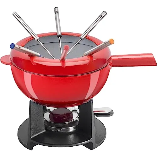 Zwilling 40201-002 Fondue-Set - Cherry Emaille Gusseisenpfanne, Schweizer Fondue-Set für geschmolzenen Käse, 6 Edelstahlgabeln, Schokoladenschmelztopf, Spritzschutz, für alle Herdarten geeignet,