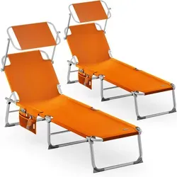 Sonnenliege Ibiza 2er-Set Orange mit Sonnendach - Bequeme Aluminium Gartenliegen mit stufenlos verstellbarem Sonnendach. Ideal für Garten, Strand oder Camping, inklusive praktischer Seitentasche für deine Essentials.