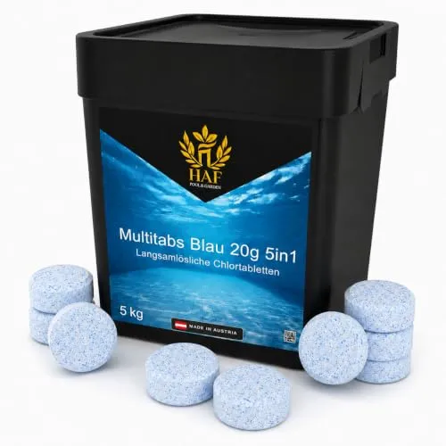 HAF Pool Chlor-Tabletten (1 x 5 kg Eimer) – langsam lösliche Chlortabletten (20g pro Stück) | Chlor Multitabs 5 in 1 für Poolpflege, Desinfektion, Algenvorbeugung & hygienisch klares Poolwasser