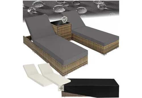 tectake Gartenliege 2er Set Rattan Sonnenliegen - Liegen für Garten und Terrasse, mit 5-fach verstellbarer Rückenlehne und pflegeleichten Materialien, inkl. Schutzabdeckung und rostfreien Edelstahlschrauben.