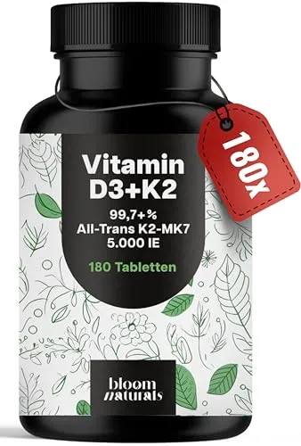 Vitamin D3 K2 5000 IE hochdosiert – 180 Tabletten - Vitamin K Präparate mit 5000 IE hochdosiertem Vitamin D3 und 99,7+% All-Trans K2-MK7, laborgeprüft und in Deutschland produziert – ideal für die Unterstützung des Immunsystems.
