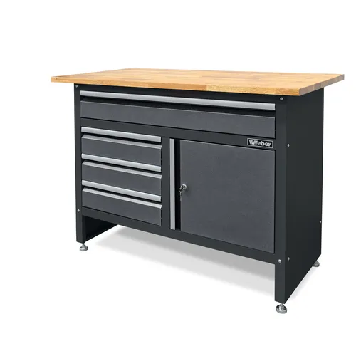 Weber Werkbank mit Schubladen grau schwarz 120 x 60 x 86 cm leer mit Holzarbeitsplatte Werktisch abschließbar Werkzeugschrank Werkstattschrank