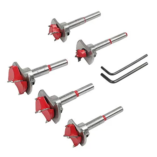 Forstnerbohrer Set 5tlg Forstner Bit Bohrbuchse, 15/20/25/30/35mm Forstner Bit Holzbohrer, Scharnierlochbohrer mit Tiefenanschlag(10-40mm), für Schrankscharniere Montageplatten