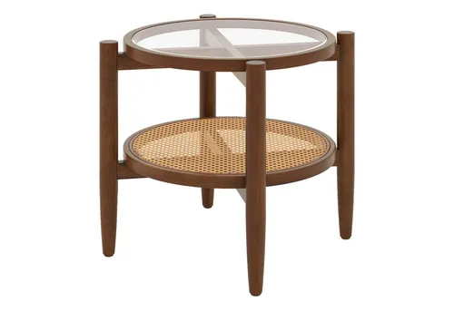 COSTWAY Beistelltisch, gehärtete Glasplatte, mit Rattan Ablage, rund 56x56cm