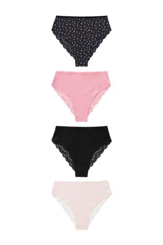 NEXT 4 x Slips mit Spitze, hoher Beinausschnitt Schwarz/Rosa Herzdruck 42 - Bikinis & Taillenslips für Damen, modische Slips mit elegantem Spitzendesign und hohem Beinausschnitt für optimalen Tragekomfort und Stil.