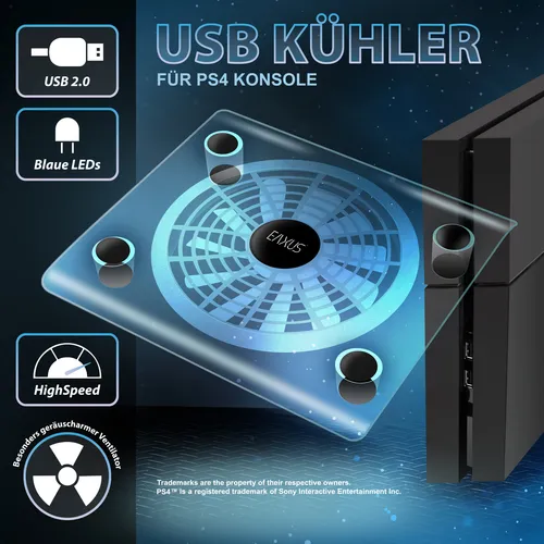 Playstation 4 USB Kühler Lüfter – EAXUS Cooling Pad für PS4 Pro & Slim - Lüfter & Kühler mit ergonomischem Design und geräuscharmem Betrieb. Ideal für eine optimale Kühlung Ihrer PS4 Konsole, ausgestattet mit blauer LED-Beleuchtung.