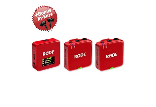 Rode Wireless GO Gen 3 Funkmikrofonsystem mit In-Ear Kopfhörern - Rot - Kompaktes 2-Kanal Funkmikrofonsystem für Videofilmer und Podcaster. Mit intelligenter GainAssist Technologie für optimale Audiopegel und bis zu 40 Stunden Aufnahmezeit. Inklusive In-Ear Kopfhörern für flexibles Monitoring.