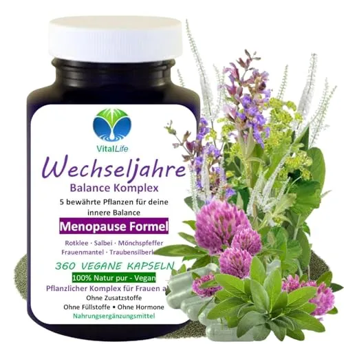 Wechseljahre Komplex vegan 360 vegi Kapseln – Menopause Formel für Frauen ab 40 - Natürliche Unterstützung in den Wechseljahren: 5 ausgewählte Pflanzen helfen, das Wohlbefinden zu fördern. Rein pflanzlich, vegan und ohne Zusatzstoffe für eine bewusste Wahl.