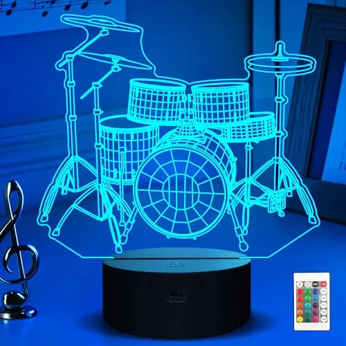 Ammonite Schlagzeug Kit Nachtlicht, Drum-kit 3D-Illusionslampe für Kinder, 16 Farben ändern mit Fernbedienung und Timer, erstaunliche Ideenauswahl für Musikinstrumentenshop Home Supply Dekoration