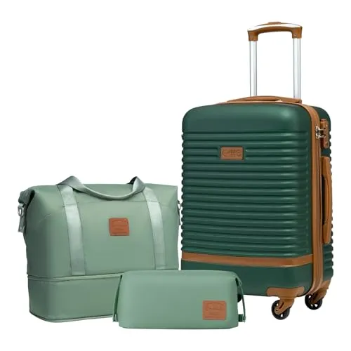 COOLIFE Koffer Set 3-TLG: Handgepäck + Reisetasche, Dunkelgrün/Braun