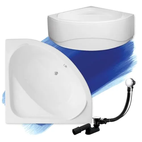 BADLAND Badewanne Original Weiß Acryl Wanne Eckbadewanne STANDARD 140x140 KOMPLETTSET SET mit Weiß Acrylschürze + Füßen und Exklusive Chrom Automatik Ablaufgarnitur Made in EU 4in1