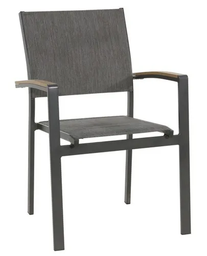 Lesli Living Stapelstuhl Arezzo – Moderner Gartenstuhl - Eleganter Stapelstuhl AREZZO in Anthrazit mit pflegeleichtem Textilen und stilvollen Holzoptik-Armlehnen. Ideal für Garten und Terrasse – stapelbar, platzsparend und komfortabel.