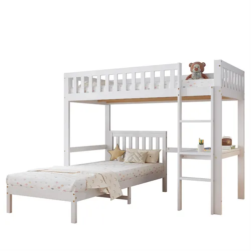 Etagenbett, Kinderbett, mit dreistufiger Leiter, Stabile Lattenroste, Design des Sicherheitszauns, mit Schreibtisch, Rahmen aus Kiefer, Kiefer+MDF