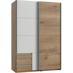 Schwebetürenschrank Emden - Moderner Kleiderschrank in Plankeneiche/Weiß - Drehtürenschrank mit viel Stauraum, wählbare Farben und Größen. Ideal zur Kombination in jedem Schlafzimmer, mit praktischen Schubladen und robusten Materialien.