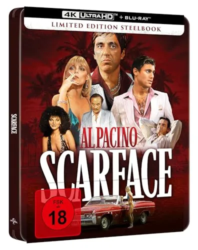 Scarface SteelBook: Ultra-HD Edition - Kultfilm über Tony Montana, der im Drogensyndikat aufsteigt. Die SteelBook-Edition bietet atemberaubende Bild- und Tonqualität für ein unvergessliches Filmerlebnis.
