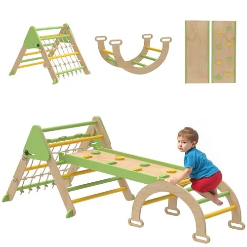 AIYAPLAY 8-in-1 Montessori Klettergerüst Indoor Holz Kletterdreieck mit Kletterbogen, doppelseitiger Rutsche Indoor Spielplatz für Kleinkinder und Kinder 1,5-4 Jahre, Grün