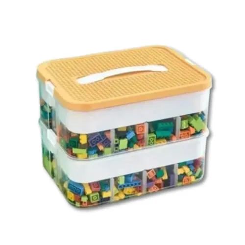 B2R Aufbewahrungsbox aus Kunststoff für Lego Bausteine – 2 Lagen, stapelbar, transparent, gelb – Deckel für Spielbrett – verstellbare Fächer, Aufbewahrung von Spielzeug für Kinder