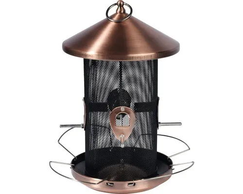 dobar 11517 Große Futtersäule - Vogelfutterspender in Kupferoptik - Futterstation für Wildvögel, wetterbeständig aus robustem Metall mit 4 Anflugstangen und Abflusslöchern für sauberes Futter.