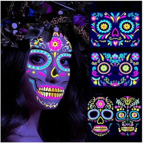 Blätter Halloween Tattoo Aufkleber Gesicht Leuchtend Dia De Los Muertos Gesichtstattoo Kostüm Herren Damen Schminke Accessoires Glow in the dark Tag Der Toten Skelett Temporäre Face Tattoos 4