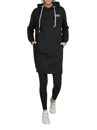DENIMFY Hoodie Damen lang Oversized DFAnna Kapuzenpullover Pullover Sweatkleid Kapuzenkleid Streetwear Print Schwarz M, Größe:M, Farben:Black