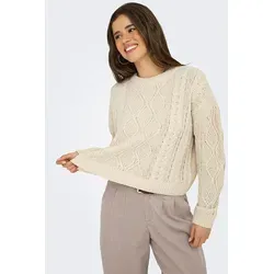 ONLY Pullover in Beige - L - Pullover aus recyceltem Polyester, mit Rundhalsausschnitt und lockerem Schnitt. Der Zopf-Strickmuster verleiht einen stilvollen Look, ideal für nachhaltige Mode.