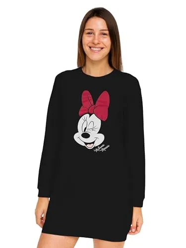 Disney Minnie Mouse Nachthemd für Damen - Schlafshirt Pyjama Langarm Oberteil Schwarz (M)