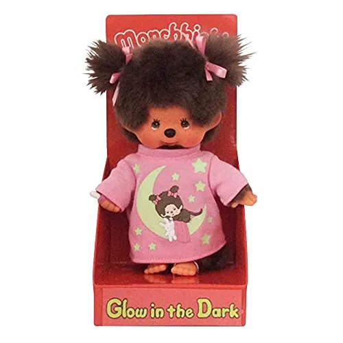 SEKIGUCHI Monchhichi Plüschfigur Mädchen Glow in the Dark 20cm - Monchhichi Plüschfigur in rosa/braun, leuchtet im Dunkeln und ist das perfekte Kuscheltier für süße Träume.