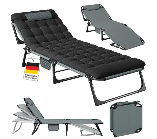 STEELSØN Gartenliege Nysaris klappbare Sonnenliege mit Polsterauflage, schwarz - Klappbare Sonnenliege für Garten und Camping, mit bequemer Polsterauflage und verstellbarer Rückenlehne. Wetterfest, pflegeleicht und platzsparend – ideal für entspannte Stunden im Freien.