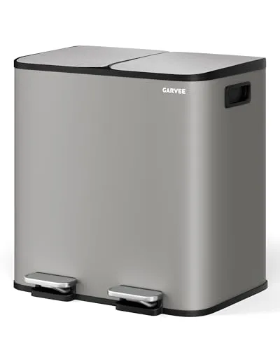 GarveeHome Mülleimer Küche, Mülleimer 2 fächer, Mülltrennsystem 2 x 15 Liter, Tretmülleimer mit Edelstahldeckel, Softclose-Deckel mit Inneneimer für Recycling und Restmüll, Grau