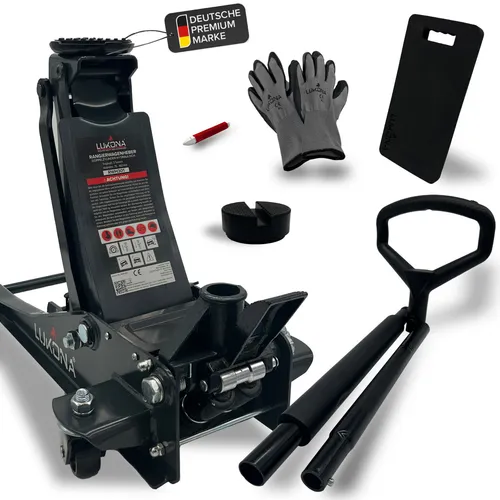 LUKONA® Hydraulischer Wagenheber 3T mit Fußpedal und Zubehör - Hochwertiger 3T Wagenheber mit CE-Zertifizierung für sicheren Einsatz. Dank Doppelhubtechnik und Fußpedal schnell auf Arbeitshöhe. Inklusive Knieschoner, Handschuhe und Reifenstift für mehr Komfort beim Reifenwechsel.