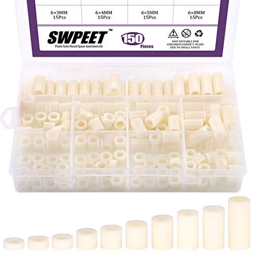 Swpeet 150 Stück Nylon Rund Abstandshalter Abstandsmutter-Sortiment, Nylon PA66 Kunststoff Abstandshalter Außendurchmesser 11 mm und ID 6,2 mm Länge 3 mm 4 mm 5 mm 8 mm 10 mm