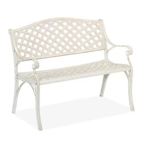 Gartenbank Metallbank - Elegante Sitzbank für den Außenbereich - Bänke für bis zu 2 Personen, mit Arm- und Rückenlehnen, pulverbeschichtet in Weiß. Ideal für Garten, Balkon oder Terrasse, max. Gewichtskapazität 220 kg.
