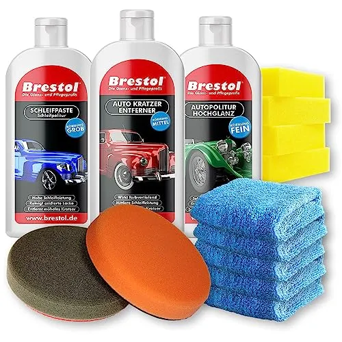 Autopolitur Sparset, Kratzerentferner, Schleifpaste & Hochglanz Autopolitur, Fahrzeugpflege-Set für Glanz, Kratzerentfernung, Lackvorbereitung mit 2 Polierscheiben, 4 Polierschwämme & 5 Poliertücher