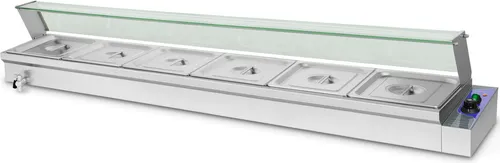 VERTES FD5-BM-6H Speisenwärmer - Stövchen für Gastronomie, mit 1800W Leistung und 6x 1/2 GN Behältern für ein warmes Buffet über Stunden. Temperaturregelung bis 200°C und hygienisches Edelstahl-Design.