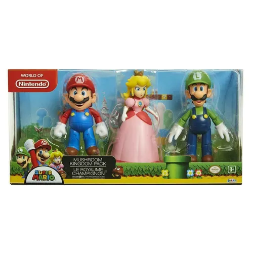 Jakks Pacific - Super Mario Mushroom Kingdom Pack - Spielfiguren Set mit hoch artikulierten 10 cm Figuren von Mario, Luigi und Prinzessin Peach, ideal für kreative Spielabenteuer und Sammler ab 3 Jahren.