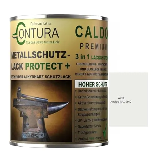 Contura 3in1 Rostschutzfarbe Metallschutzlack Seidenmatt RAL Metall Lack Farbe Grundierung (RAL 9010 Weiß, 500ml.)