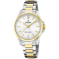 Festina Solar Energy Weiß Petite Damenuhr - Elegante Damenuhr mit solarbetriebenem Quarzwerk, 5 ATM wasserdicht und stilvollem Edelstahlarmband in Gold/Silber.