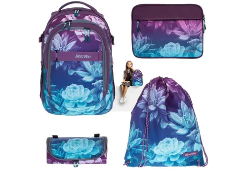 BESTWAY Schulrucksack Evolution Packer 40177 - 4-teiliges Set in lila - Schulrucksack-Set für Kinder ab 8 Jahren, wasserabweisend mit Polsterrücken und Brustgurt, inklusive Sportbeutel, Mäppchen und Laptophülle für optimalen Komfort und Organisation.