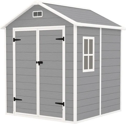Gartenschuppen, Geräteschuppen mit Boden, verschließbare Türen, Lüftungsöffnungen, Fenster, Holzoptik, Kunststoff, Grau